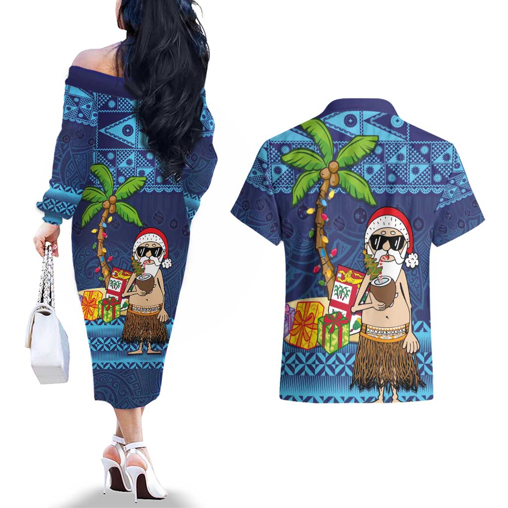 The Funny Santa Wears Sulu Christmas Couples Matching Off The Shoulder Long Sleeve Dress and Hawaiian Shirt Fijian Christmas Palm Tree With Masi Art Tattoo LT03 - Polynesian Pride