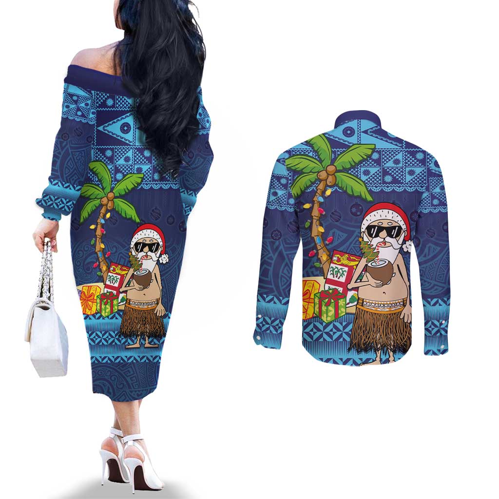 The Funny Santa Wears Sulu Christmas Couples Matching Off The Shoulder Long Sleeve Dress and Long Sleeve Button Shirt Fijian Christmas Palm Tree With Masi Art Tattoo LT03 - Polynesian Pride