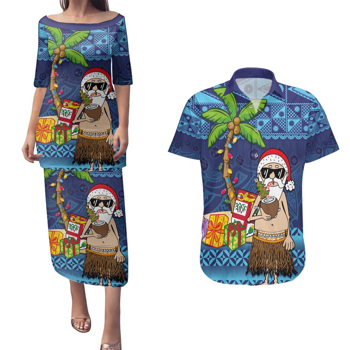 The Funny Santa Wears Sulu Christmas Couples Matching Puletasi and Hawaiian Shirt Fijian Christmas Palm Tree With Masi Art Tattoo LT03 Blue - Polynesian Pride