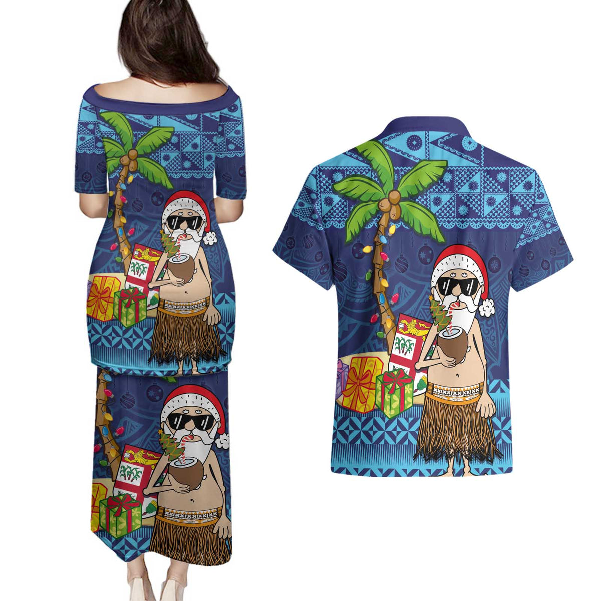 The Funny Santa Wears Sulu Christmas Couples Matching Puletasi and Hawaiian Shirt Fijian Christmas Palm Tree With Masi Art Tattoo LT03 - Polynesian Pride