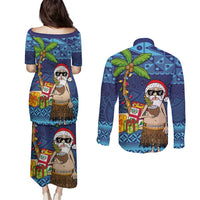 The Funny Santa Wears Sulu Christmas Couples Matching Puletasi and Long Sleeve Button Shirt Fijian Christmas Palm Tree With Masi Art Tattoo LT03 - Polynesian Pride