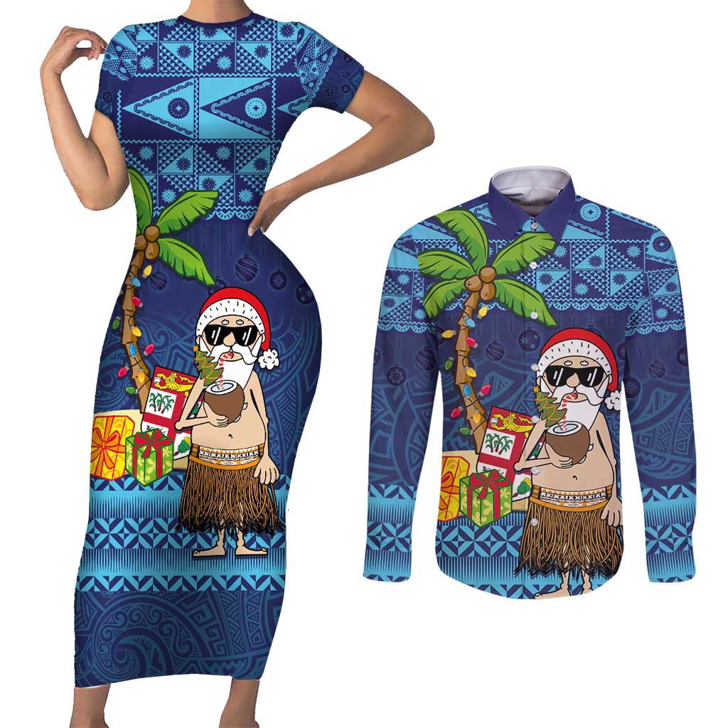 The Funny Santa Wears Sulu Christmas Couples Matching Short Sleeve Bodycon Dress and Long Sleeve Button Shirt Fijian Christmas Palm Tree With Masi Art Tattoo LT03 Blue - Polynesian Pride
