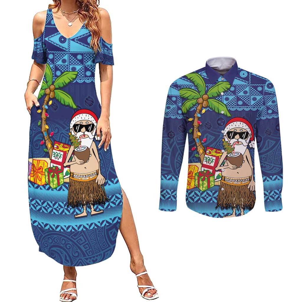 The Funny Santa Wears Sulu Christmas Couples Matching Summer Maxi Dress and Long Sleeve Button Shirt Fijian Christmas Palm Tree With Masi Art Tattoo LT03 Blue - Polynesian Pride