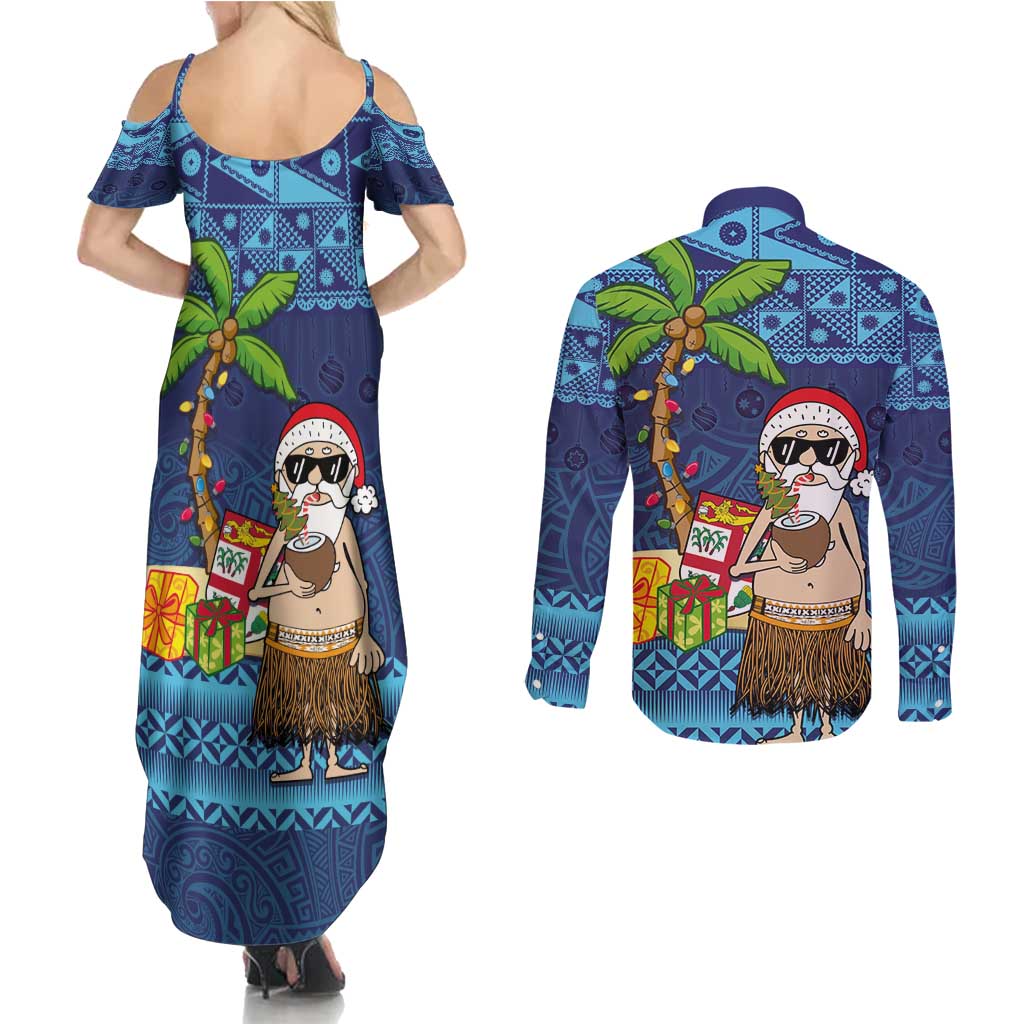 The Funny Santa Wears Sulu Christmas Couples Matching Summer Maxi Dress and Long Sleeve Button Shirt Fijian Christmas Palm Tree With Masi Art Tattoo LT03 - Polynesian Pride