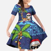 The Funny Santa Wears Sulu Christmas Family Matching Long Sleeve Bodycon Dress and Hawaiian Shirt Fijian Christmas Palm Tree With Masi Art Tattoo LT03 Daughter's Dress Blue - Polynesian Pride