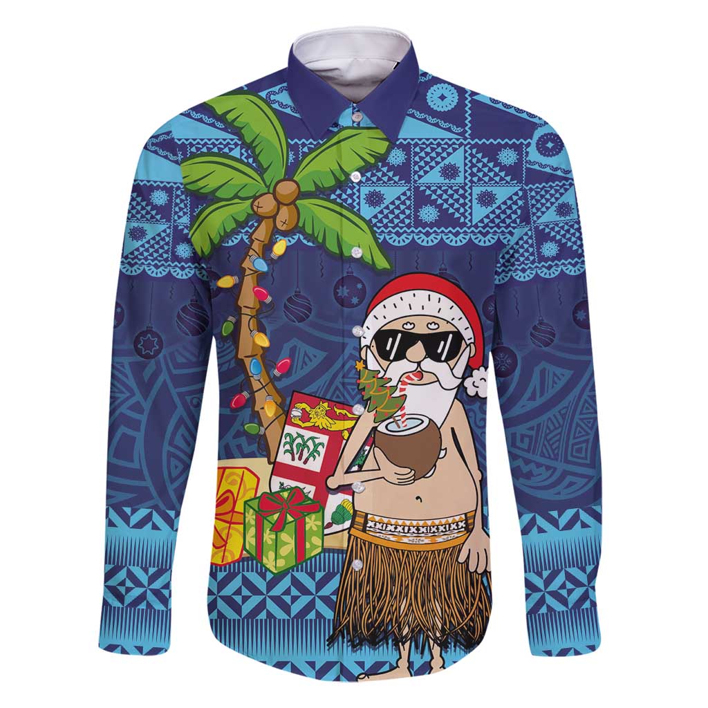 The Funny Santa Wears Sulu Christmas Family Matching Long Sleeve Bodycon Dress and Hawaiian Shirt Fijian Christmas Palm Tree With Masi Art Tattoo LT03 Dad's Shirt - Long Sleeve Blue - Polynesian Pride