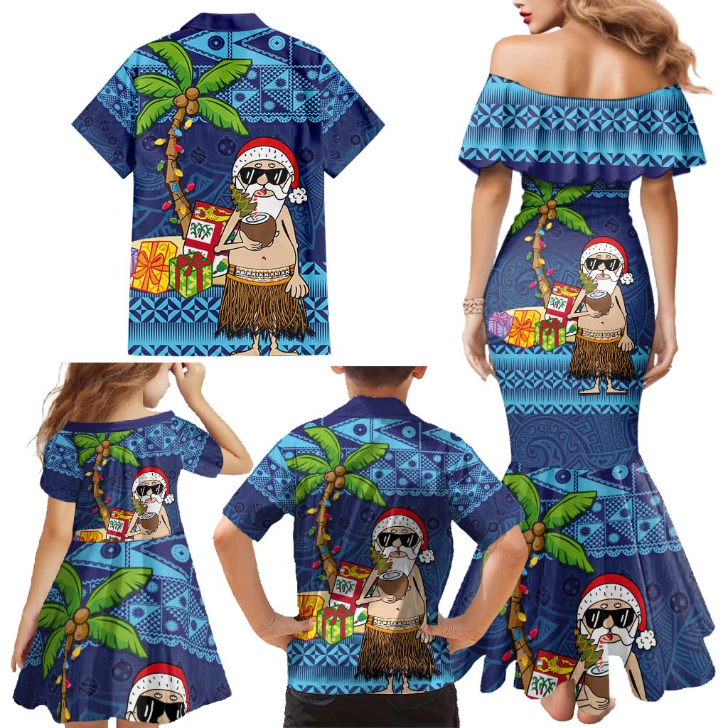 The Funny Santa Wears Sulu Christmas Family Matching Mermaid Dress and Hawaiian Shirt Fijian Christmas Palm Tree With Masi Art Tattoo LT03 - Polynesian Pride