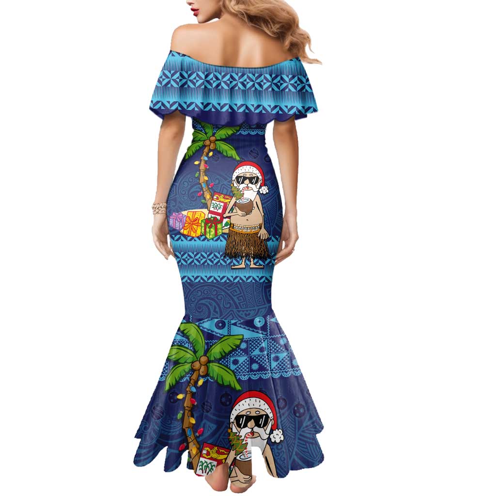 The Funny Santa Wears Sulu Christmas Family Matching Mermaid Dress and Hawaiian Shirt Fijian Christmas Palm Tree With Masi Art Tattoo LT03 - Polynesian Pride