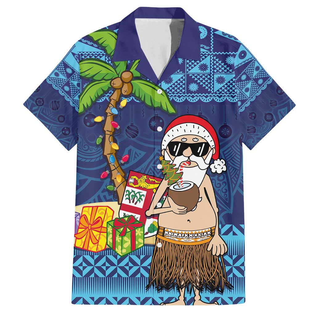 The Funny Santa Wears Sulu Christmas Family Matching Off Shoulder Maxi Dress and Hawaiian Shirt Fijian Christmas Palm Tree With Masi Art Tattoo LT03 Dad's Shirt - Short Sleeve Blue - Polynesian Pride