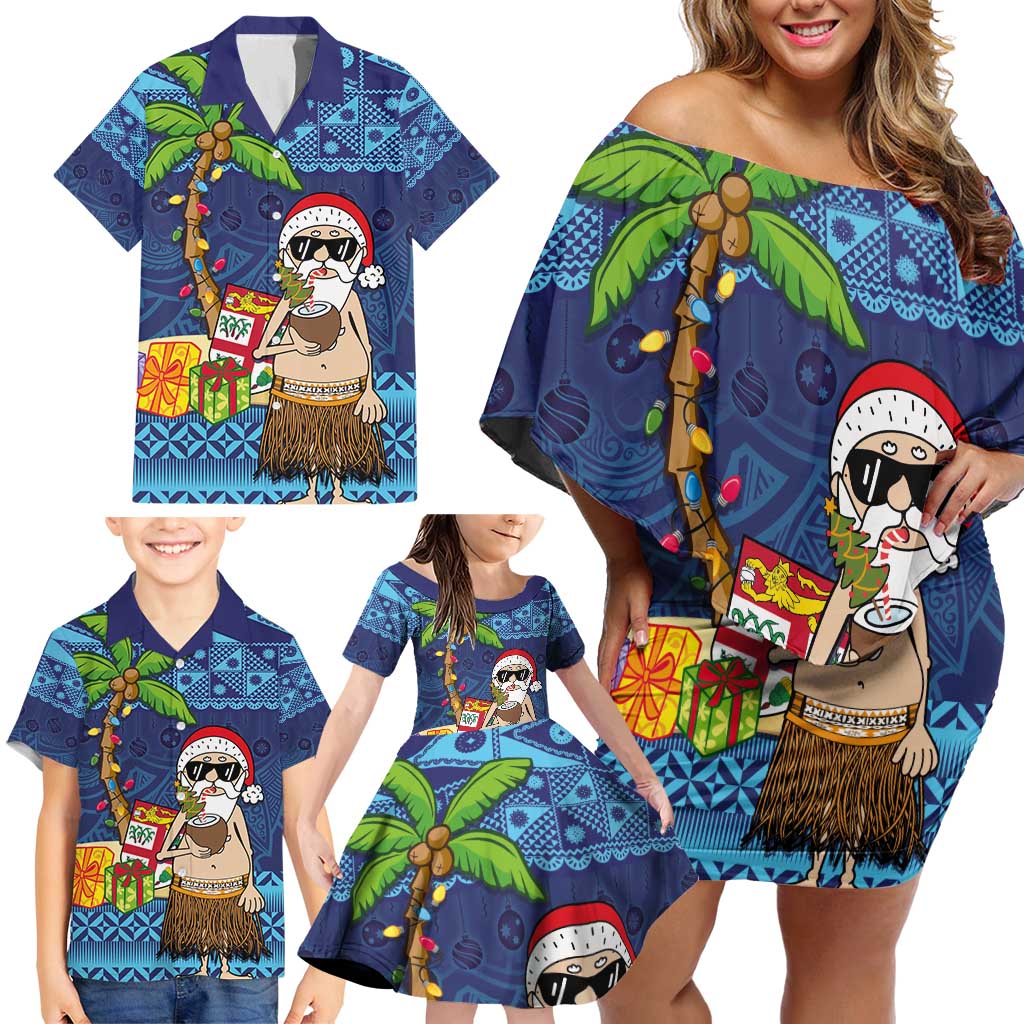 The Funny Santa Wears Sulu Christmas Family Matching Off Shoulder Short Dress and Hawaiian Shirt Fijian Christmas Palm Tree With Masi Art Tattoo LT03 - Polynesian Pride