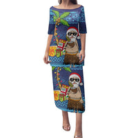 The Funny Santa Wears Sulu Christmas Family Matching Puletasi and Hawaiian Shirt Fijian Christmas Palm Tree With Masi Art Tattoo LT03 Mom's Dress Blue - Polynesian Pride