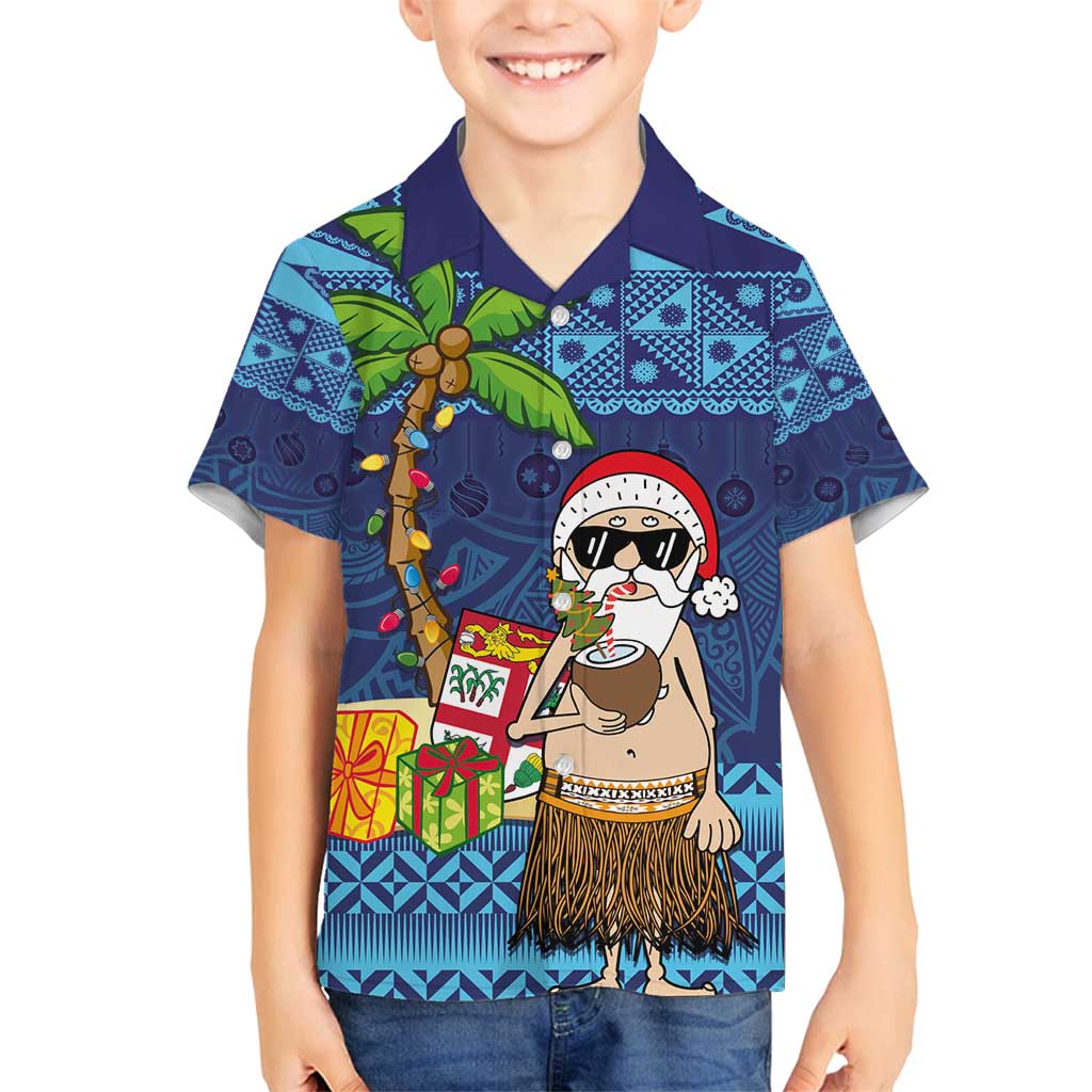 The Funny Santa Wears Sulu Christmas Family Matching Puletasi and Hawaiian Shirt Fijian Christmas Palm Tree With Masi Art Tattoo LT03 Son's Shirt Blue - Polynesian Pride