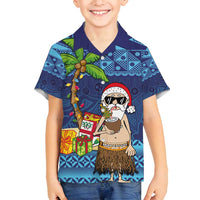 The Funny Santa Wears Sulu Christmas Family Matching Summer Maxi Dress and Hawaiian Shirt Fijian Christmas Palm Tree With Masi Art Tattoo LT03 Son's Shirt Blue - Polynesian Pride
