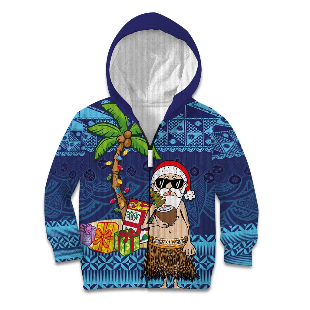 The Funny Santa Wears Sulu Christmas Kid Hoodie Fijian Christmas Palm Tree With Masi Art Tattoo LT03 Zip Hoodie Blue - Polynesian Pride