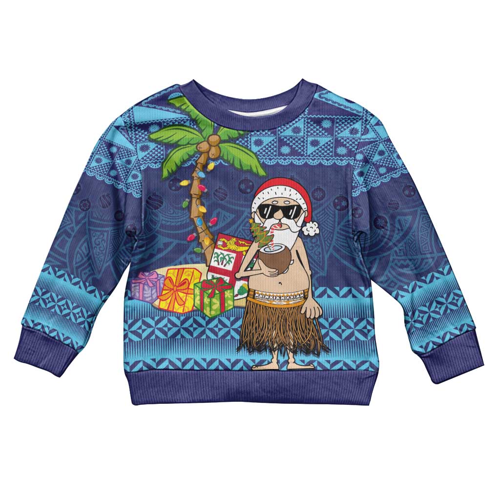 The Funny Santa Wears Sulu Christmas Kid Ugly Christmas Sweater Fijian Christmas Palm Tree With Masi Art Tattoo LT03 Kid Blue - Polynesian Pride