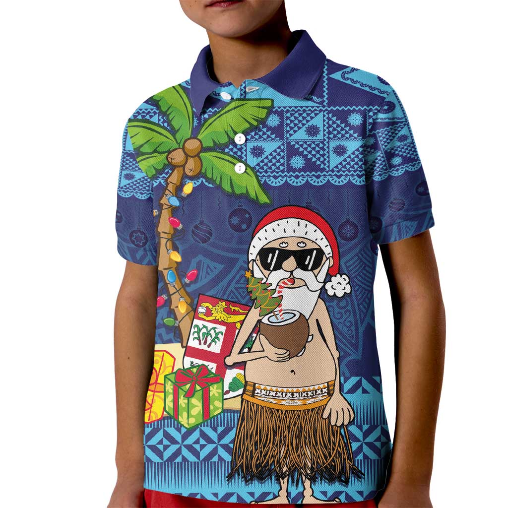 The Funny Santa Wears Sulu Christmas Kid Polo Shirt Fijian Christmas Palm Tree With Masi Art Tattoo LT03 Kid Blue - Polynesian Pride