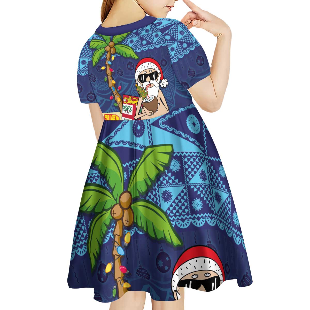 The Funny Santa Wears Sulu Christmas Kid Short Sleeve Dress Fijian Christmas Palm Tree With Masi Art Tattoo LT03 - Polynesian Pride