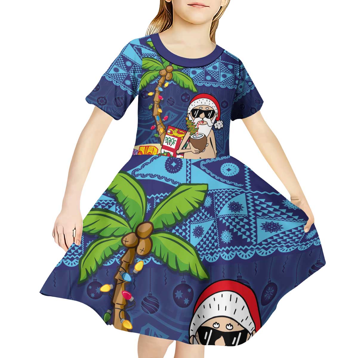 The Funny Santa Wears Sulu Christmas Kid Short Sleeve Dress Fijian Christmas Palm Tree With Masi Art Tattoo LT03 - Polynesian Pride