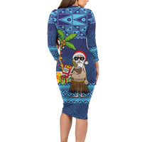 The Funny Santa Wears Sulu Christmas Long Sleeve Bodycon Dress Fijian Christmas Palm Tree With Masi Art Tattoo LT03 - Polynesian Pride