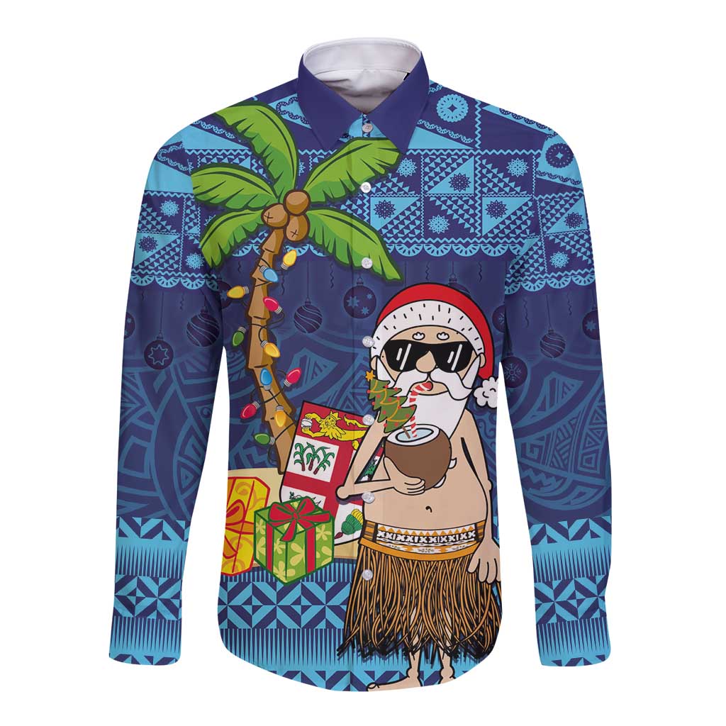 The Funny Santa Wears Sulu Christmas Long Sleeve Button Shirt Fijian Christmas Palm Tree With Masi Art Tattoo LT03 Unisex Blue - Polynesian Pride
