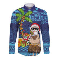 The Funny Santa Wears Sulu Christmas Long Sleeve Button Shirt Fijian Christmas Palm Tree With Masi Art Tattoo LT03 Unisex Blue - Polynesian Pride