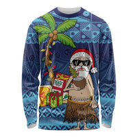 The Funny Santa Wears Sulu Christmas Long Sleeve Shirt Fijian Christmas Palm Tree With Masi Art Tattoo LT03 Unisex Blue - Polynesian Pride