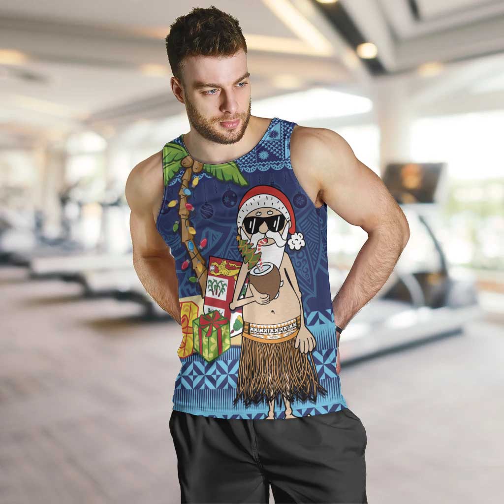 The Funny Santa Wears Sulu Christmas Men Tank Top Fijian Christmas Palm Tree With Masi Art Tattoo LT03 Blue - Polynesian Pride