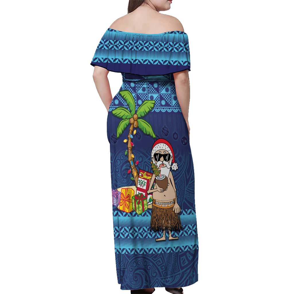 The Funny Santa Wears Sulu Christmas Off Shoulder Maxi Dress Fijian Christmas Palm Tree With Masi Art Tattoo LT03 - Polynesian Pride