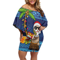 The Funny Santa Wears Sulu Christmas Off Shoulder Short Dress Fijian Christmas Palm Tree With Masi Art Tattoo LT03 Women Blue - Polynesian Pride