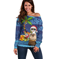 The Funny Santa Wears Sulu Christmas Off Shoulder Sweater Fijian Christmas Palm Tree With Masi Art Tattoo LT03 Women Blue - Polynesian Pride