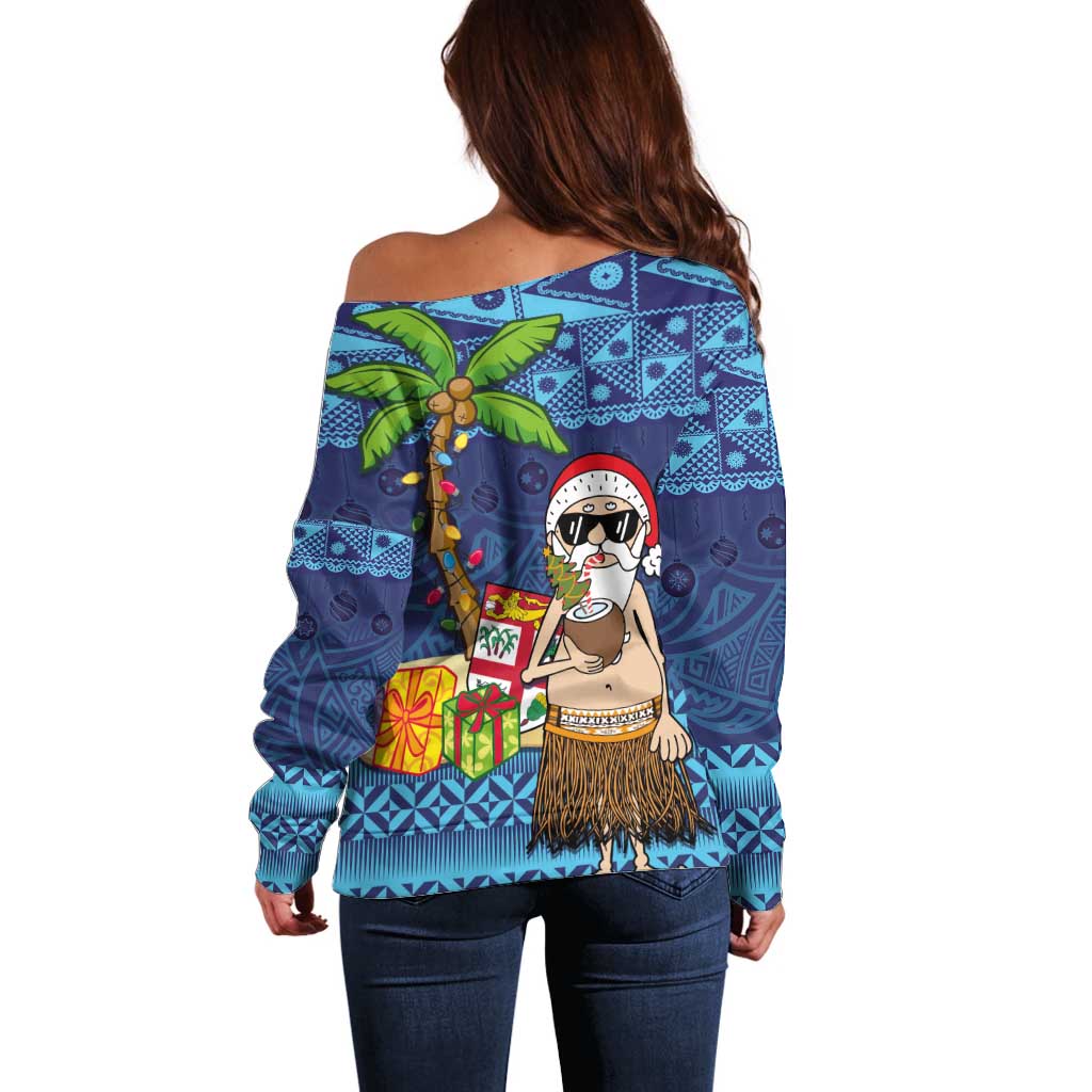 The Funny Santa Wears Sulu Christmas Off Shoulder Sweater Fijian Christmas Palm Tree With Masi Art Tattoo LT03 - Polynesian Pride