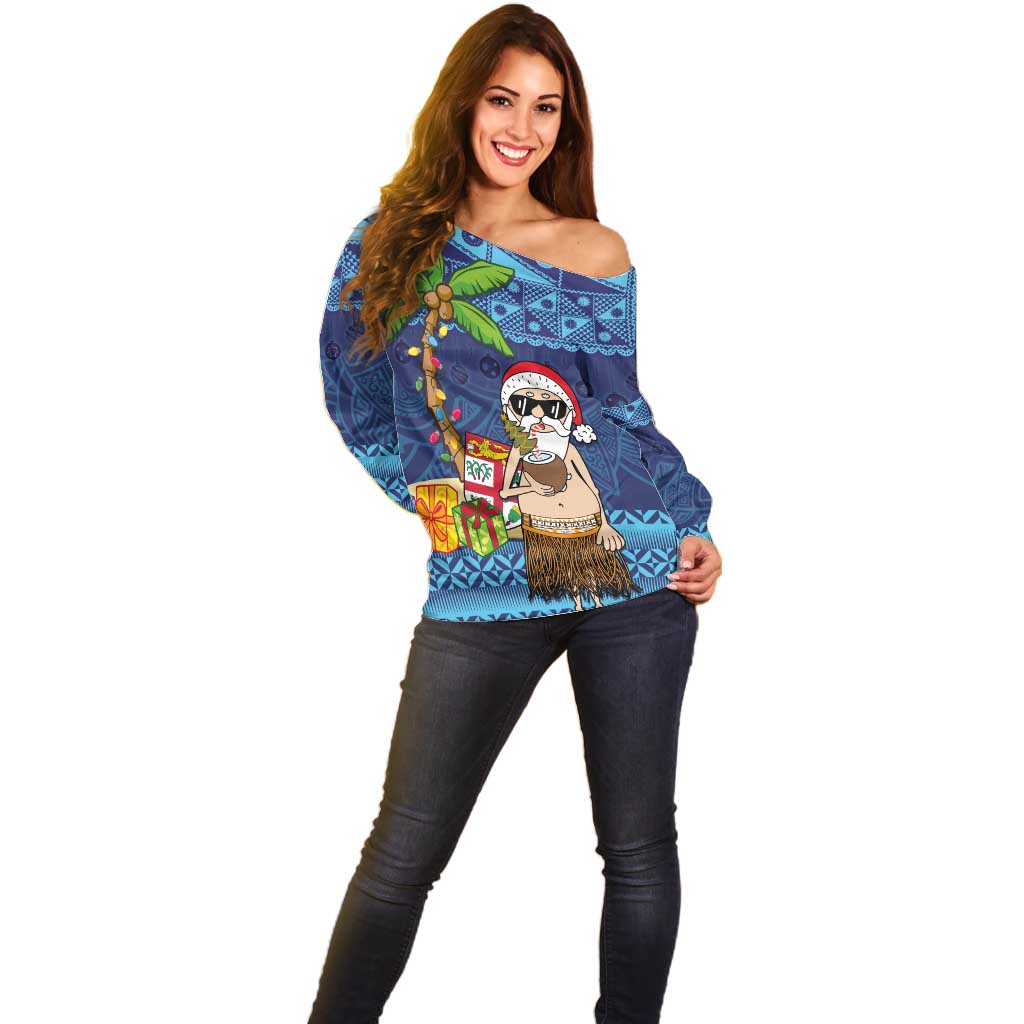 The Funny Santa Wears Sulu Christmas Off Shoulder Sweater Fijian Christmas Palm Tree With Masi Art Tattoo LT03 - Polynesian Pride