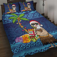 The Funny Santa Wears Sulu Christmas Quilt Bed Set Fijian Christmas Palm Tree With Masi Art Tattoo LT03 Blue - Polynesian Pride