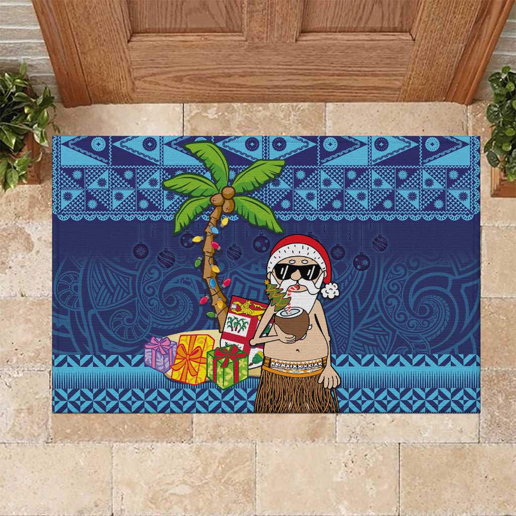 The Funny Santa Wears Sulu Christmas Rubber Doormat Fijian Christmas Palm Tree With Masi Art Tattoo LT03 Blue - Polynesian Pride