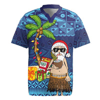 The Funny Santa Wears Sulu Christmas Rugby Jersey Fijian Christmas Palm Tree With Masi Art Tattoo LT03 Blue - Polynesian Pride