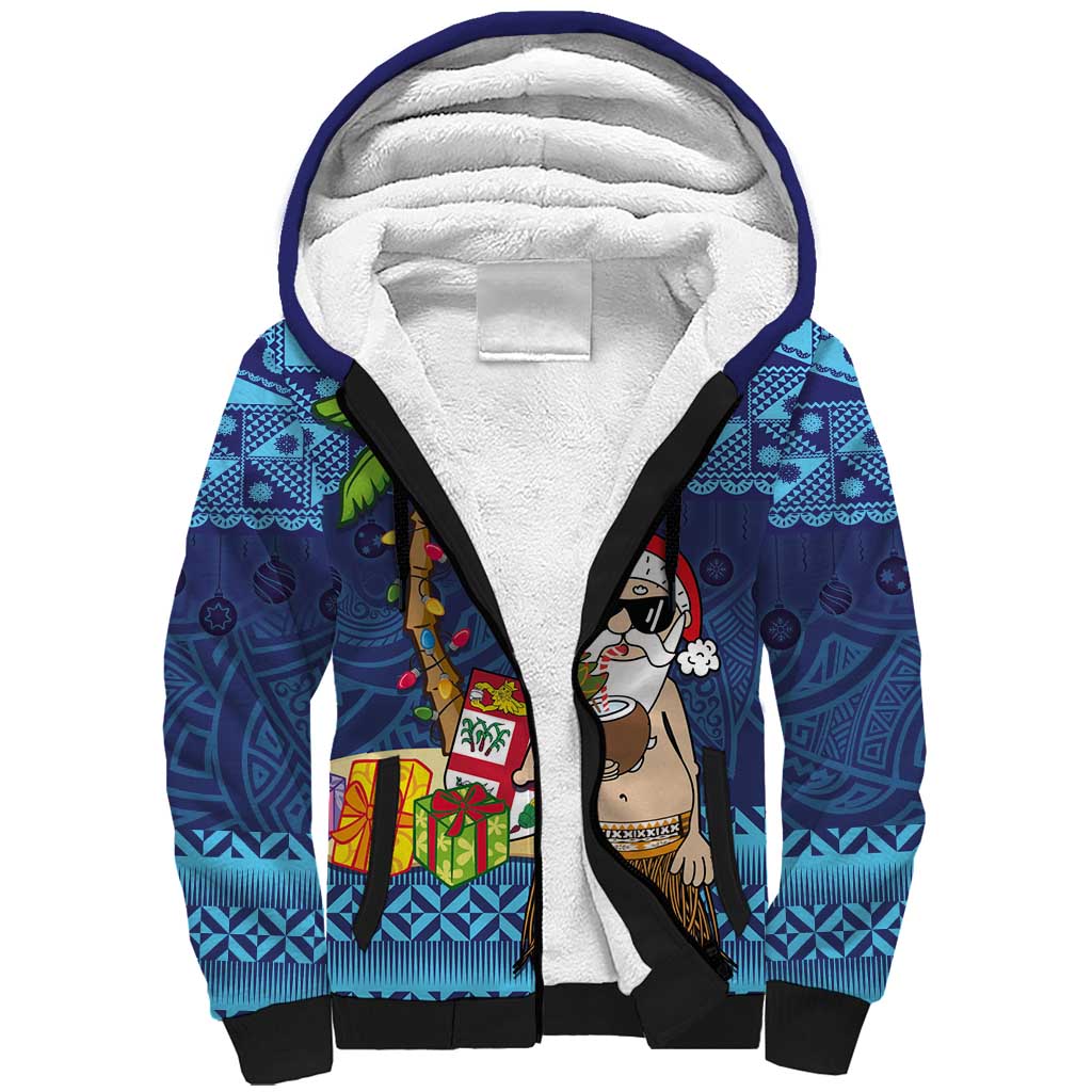 The Funny Santa Wears Sulu Christmas Sherpa Hoodie Fijian Christmas Palm Tree With Masi Art Tattoo LT03 Unisex Blue - Polynesian Pride