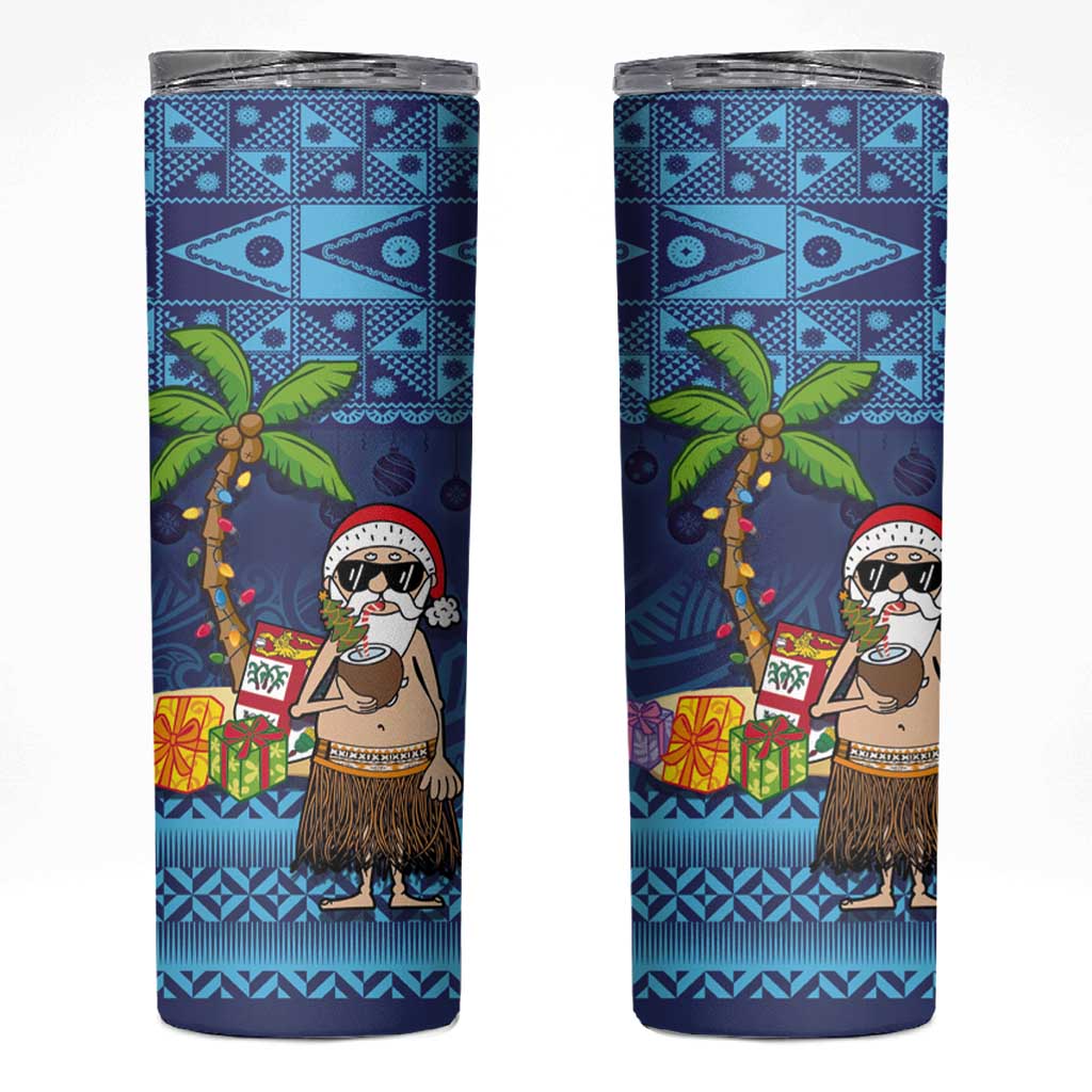 The Funny Santa Wears Sulu Christmas Skinny Tumbler Fijian Christmas Palm Tree With Masi Art Tattoo LT03 Blue - Polynesian Pride