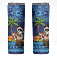 The Funny Santa Wears Sulu Christmas Skinny Tumbler Fijian Christmas Palm Tree With Masi Art Tattoo LT03 Blue - Polynesian Pride