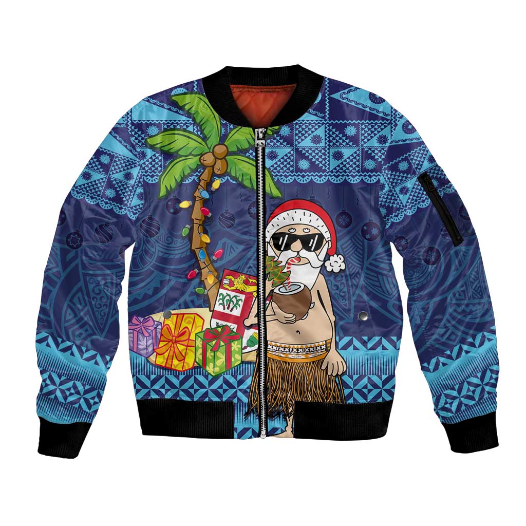 The Funny Santa Wears Sulu Christmas Sleeve Zip Bomber Jacket Fijian Christmas Palm Tree With Masi Art Tattoo LT03 Unisex Blue - Polynesian Pride