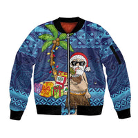 The Funny Santa Wears Sulu Christmas Sleeve Zip Bomber Jacket Fijian Christmas Palm Tree With Masi Art Tattoo LT03 Unisex Blue - Polynesian Pride