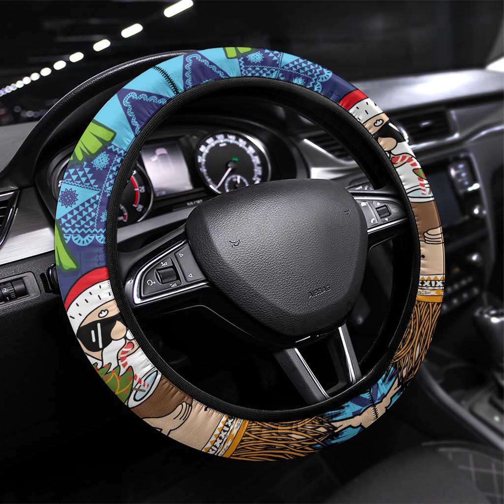The Funny Santa Wears Sulu Christmas Steering Wheel Cover Fijian Christmas Palm Tree With Masi Art Tattoo LT03 Universal Fit Blue - Polynesian Pride