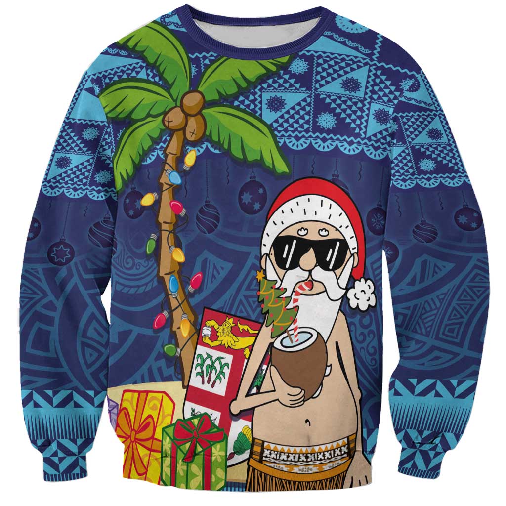 The Funny Santa Wears Sulu Christmas Sweatshirt Fijian Christmas Palm Tree With Masi Art Tattoo LT03 Unisex Blue - Polynesian Pride