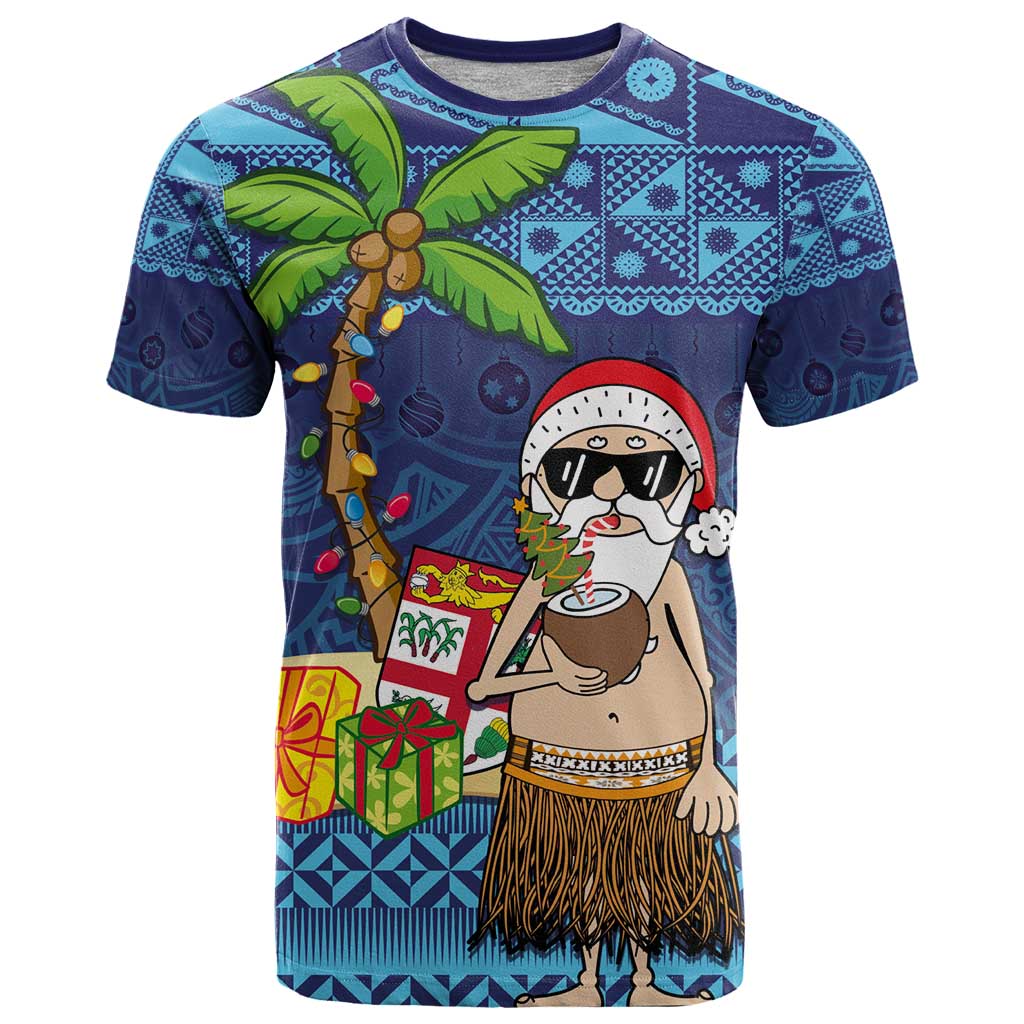 The Funny Santa Wears Sulu Christmas T Shirt Fijian Christmas Palm Tree With Masi Art Tattoo LT03 Blue - Polynesian Pride