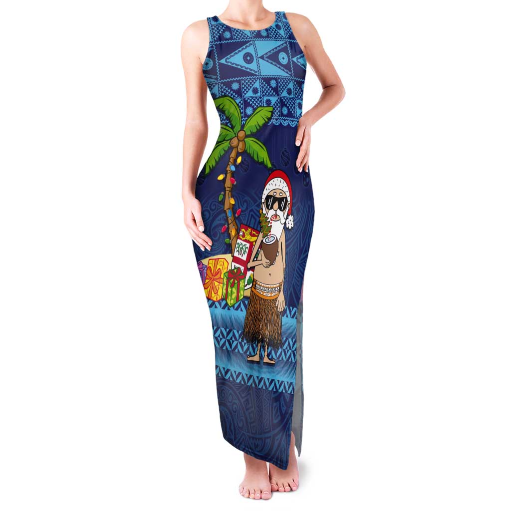 The Funny Santa Wears Sulu Christmas Tank Maxi Dress Fijian Christmas Palm Tree With Masi Art Tattoo LT03 Women Blue - Polynesian Pride