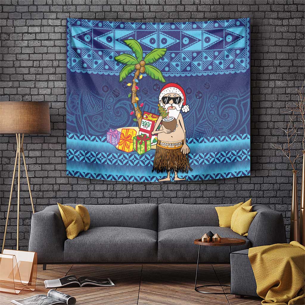 The Funny Santa Wears Sulu Christmas Tapestry Fijian Christmas Palm Tree With Masi Art Tattoo LT03 Blue - Polynesian Pride