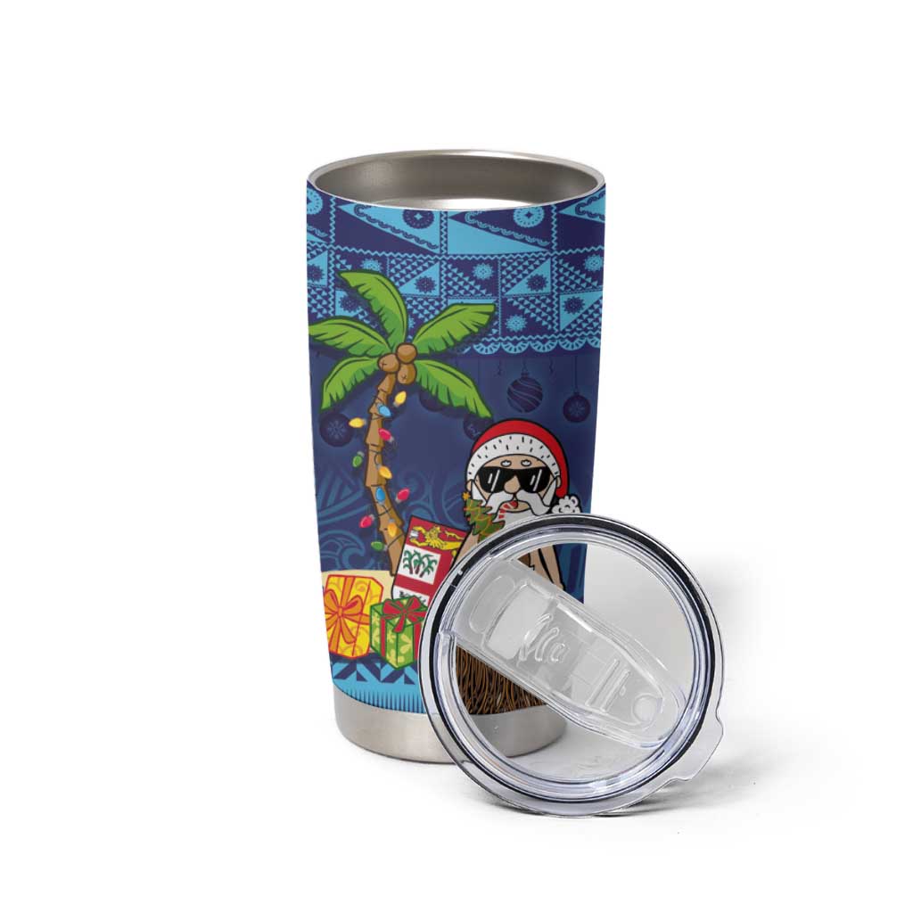 The Funny Santa Wears Sulu Christmas Tumbler Cup Fijian Christmas Palm Tree With Masi Art Tattoo LT03 - Polynesian Pride