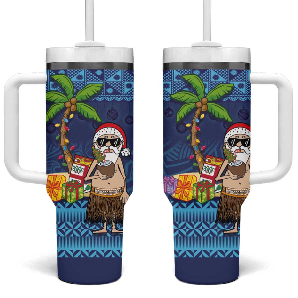 The Funny Santa Wears Sulu Christmas Tumbler With Handle Fijian Christmas Palm Tree With Masi Art Tattoo LT03 One Size: 40 oz Blue - Polynesian Pride