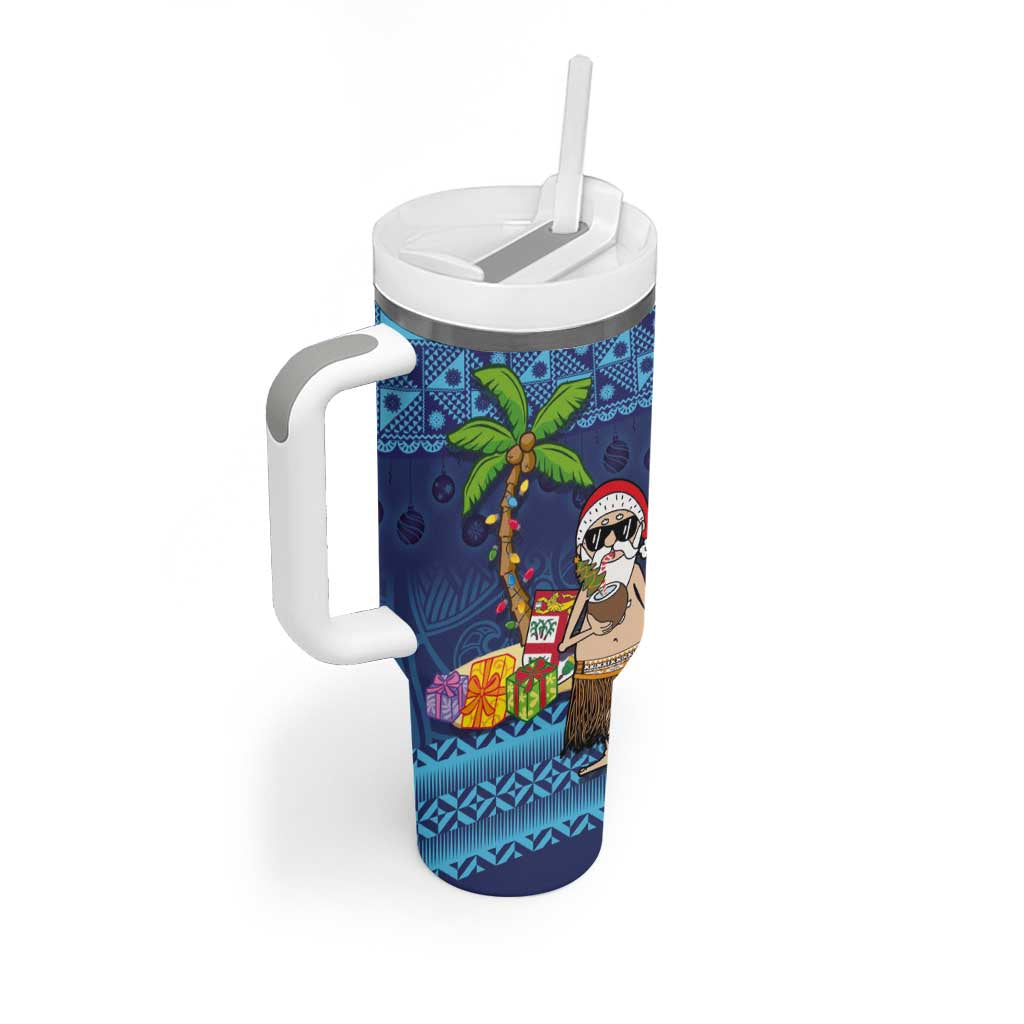 The Funny Santa Wears Sulu Christmas Tumbler With Handle Fijian Christmas Palm Tree With Masi Art Tattoo LT03 - Polynesian Pride