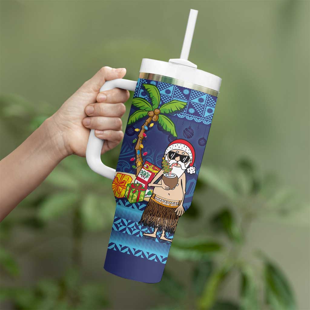 The Funny Santa Wears Sulu Christmas Tumbler With Handle Fijian Christmas Palm Tree With Masi Art Tattoo LT03 - Polynesian Pride
