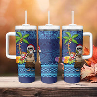 The Funny Santa Wears Sulu Christmas Tumbler With Handle Fijian Christmas Palm Tree With Masi Art Tattoo LT03 - Polynesian Pride